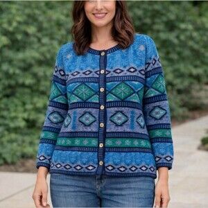 Portraits Northern Isles hand-knit cardigan sweater Chunky 3D Green Blue Coogi L